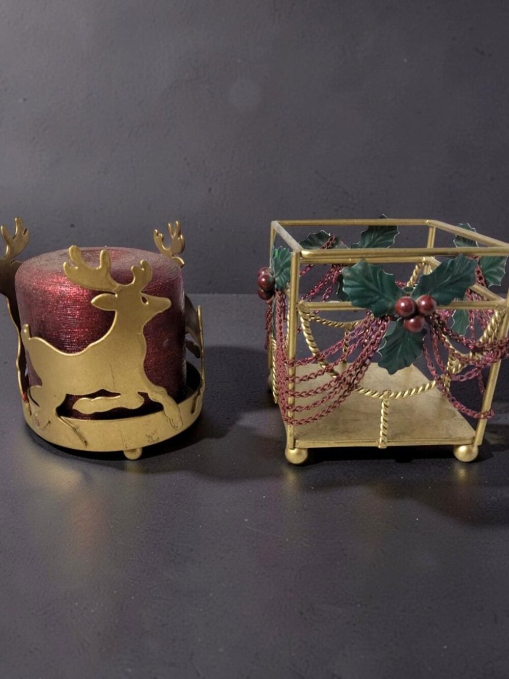 Vintage Susan's Hallmark Christmas Reindeer and Trellis Candle Holders